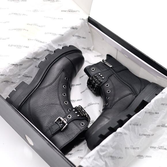 Karl Lagerfeld Paris Women Black Leather Maeva Buckled Combat Booties Size 7M - Picture 3 of 9